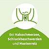 Illustration von Hals und Stimmbändern mit Text „Bei Halsschmerzen, Schluckbeschwerden und Hustenreiz“
