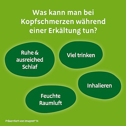 Grüne Infografik mit der Überschrift „Was kann man bei Kopfschmerzen während einer Erkältung tun?“. In mehreren grünen Ellipsen werden Maßnahmen genannt: Ruhe und ausreichend Schlaf, viel trinken, inhalieren sowie für feuchte Raumluft sorgen. Unten steht der Hinweis „Präsentiert von Imupret® N“.