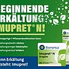 Werbeanzeige für das pflanzliche Arzneimittel Imupret® N von Bionorica mit grünem Hintergrund, weißer Schrift und Blättermotiven. Im Zentrum steht der Slogan „Beginnende Erkältung? Imupret® N!“. Darunter werden die Vorteile der 7-Pflanzenkombination hervorgehoben: Stärkung der Abwehr, Bekämpfung von Erkältungserregern und Milderung des Verlaufs. Abgebildet sind zwei Produktverpackungen: Imupret® N Dragees und Imupret® N Tropfen.