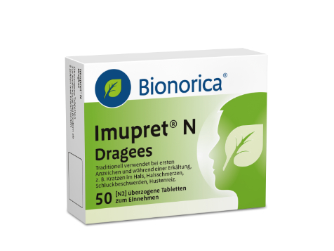 Packung Bionorica Imupret N Dragees mit 50 Tabletten gegen Erkältungssymptome wie Halsschmerzen und Schluckbeschwerden