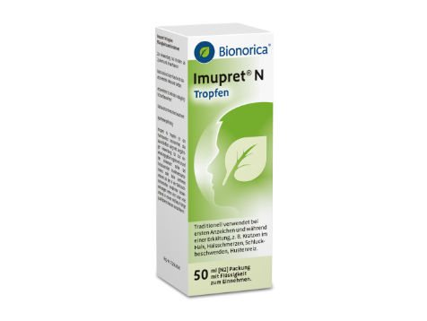 Packung Bionorica Imupret N Tropfen mit 50 ml Flüssigkeit zur Unterstützung bei ersten Anzeichen einer Erkältung wie Halsschmerzen und Husten