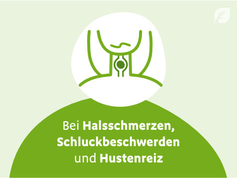 Illustration von Hals und Stimmbändern mit Text „Bei Halsschmerzen, Schluckbeschwerden und Hustenreiz“