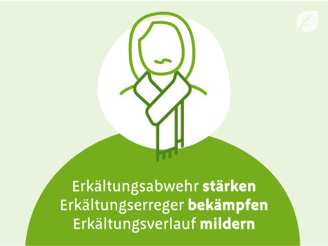 Strichzeichnung einer Person mit Schal und Text „Erkältungsabwehr stärken, Erkältungserreger bekämpfen, Erkältungsverlauf mildern“