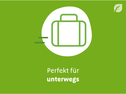 Grüne Fläche mit weißem Koffer-Symbol, Blatt-Icon oben rechts und Text „Perfekt für unterwegs“