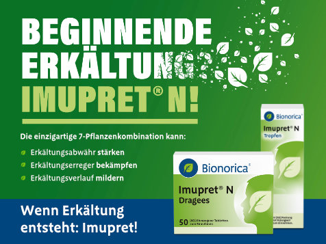 Werbeanzeige für das pflanzliche Arzneimittel Imupret® N von Bionorica mit grünem Hintergrund, weißer Schrift und Blättermotiven. Im Zentrum steht der Slogan „Beginnende Erkältung? Imupret® N!“. Darunter werden die Vorteile der 7-Pflanzenkombination hervorgehoben: Stärkung der Abwehr, Bekämpfung von Erkältungserregern und Milderung des Verlaufs. Abgebildet sind zwei Produktverpackungen: Imupret® N Dragees und Imupret® N Tropfen.