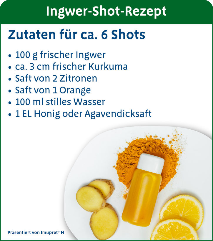 Grafik mit Rezept für einen Ingwer-Shot. Aufgelistet sind die Zutaten für etwa sechs Portionen: 100 g frischer Ingwer, ca. 3 cm frischer Kurkuma, Saft von zwei Zitronen, Saft von einer Orange, 100 ml stilles Wasser sowie ein Esslöffel Honig oder Agavendicksaft.